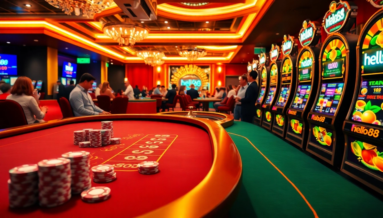 Exciting gaming scene at hello88 casino, featuring poker, roulette, and slot machines.