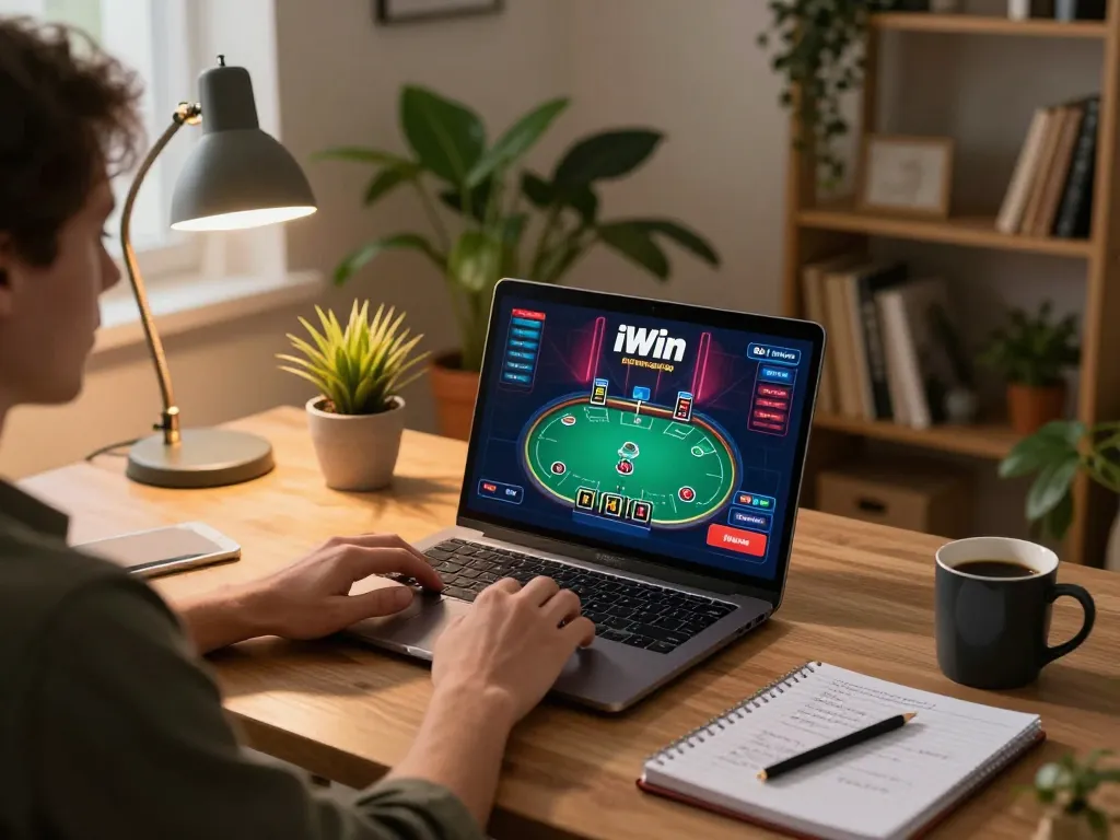 Engaging in an online poker game on iWin, showcasing a cozy home setting with a laptop display of poker strategies.