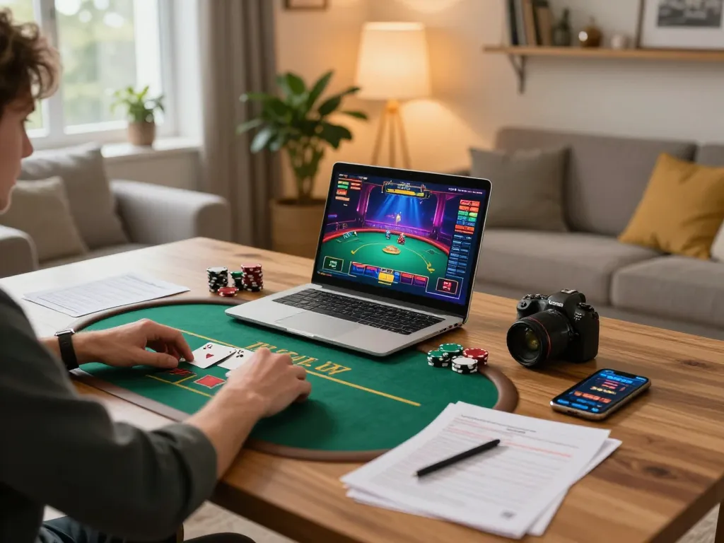 Kuwin user participating in an exciting online poker game, engaged and focused in a comfortable setting.
