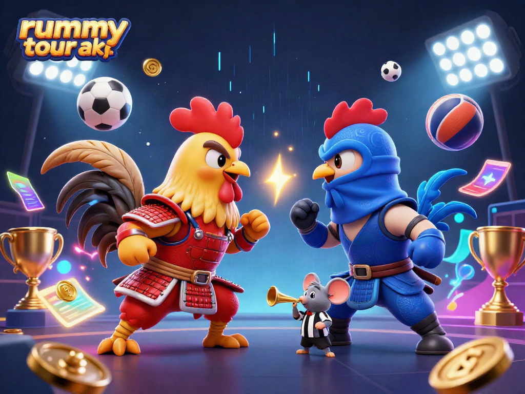 Gambarkan rummy tour apk dengan karakter ayam petarung warisan dan elemen taruhan di sekitar.