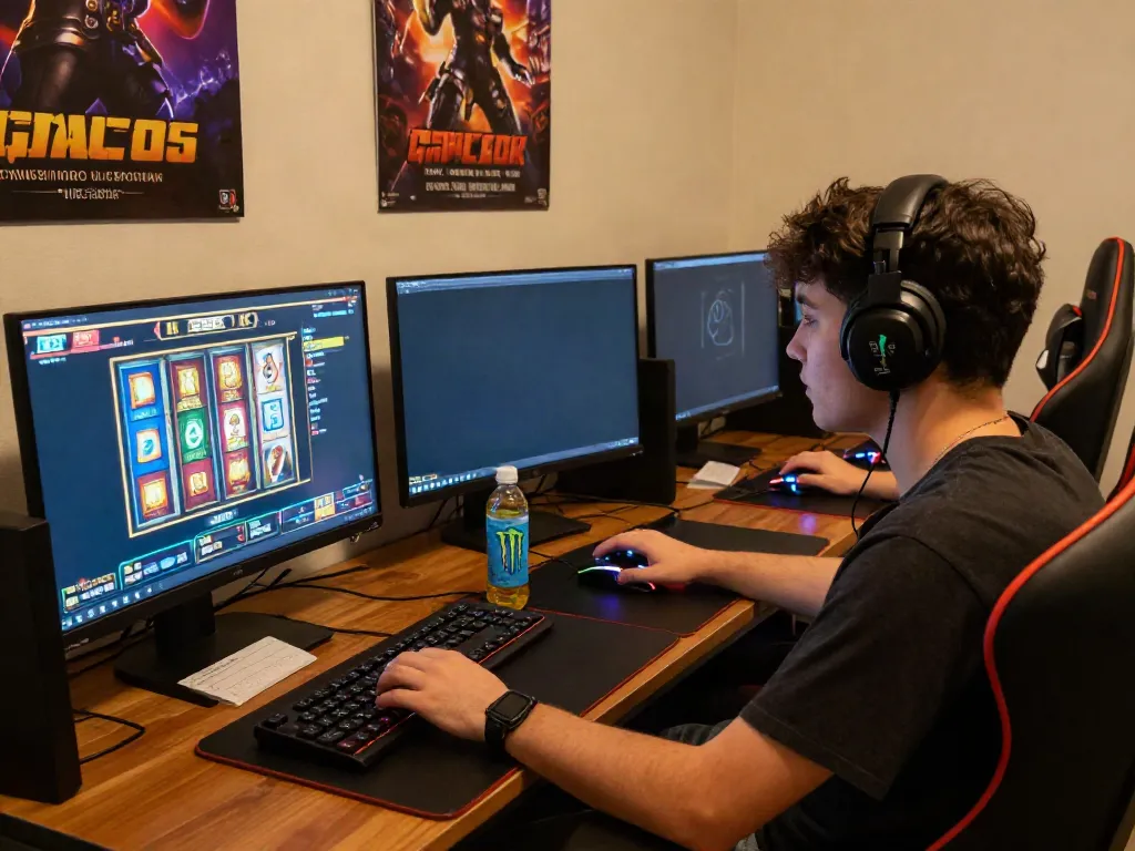 A player focused on slot gacor game on a colorful desktop setup with gaming accessories.