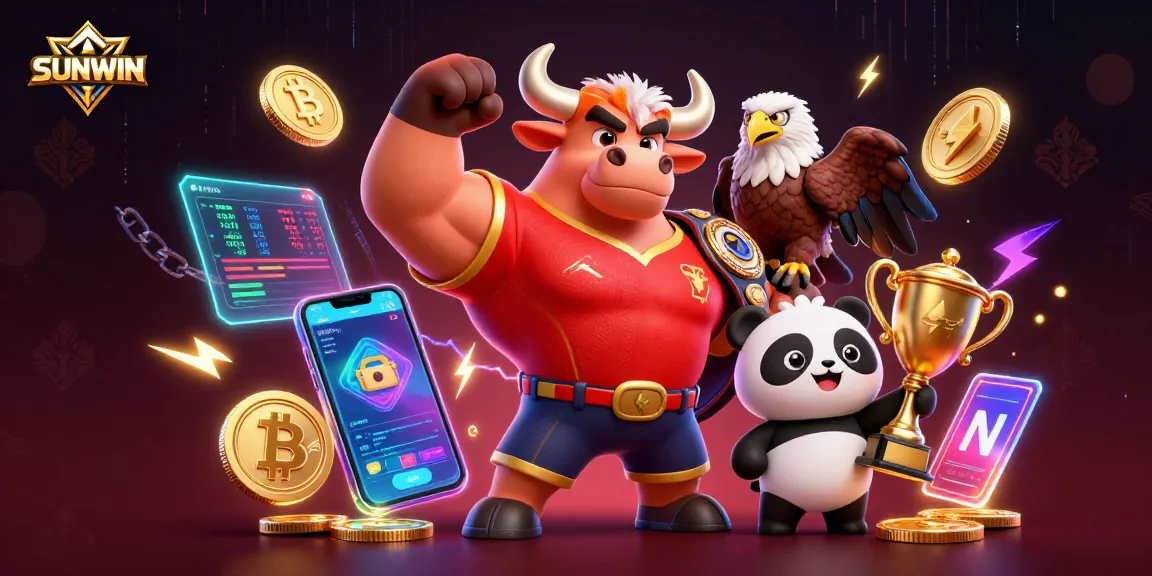 SUNWIN brings excitement with a cartoon bull celebrating victory, surrounded by cryptocurrencies and vibrant casino elements.