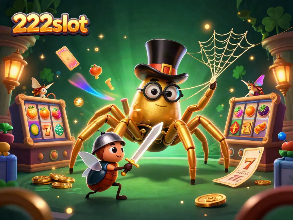 Permainan 222slot dengan tarantula emas beraksi di kasino, membentuk jaring emas.