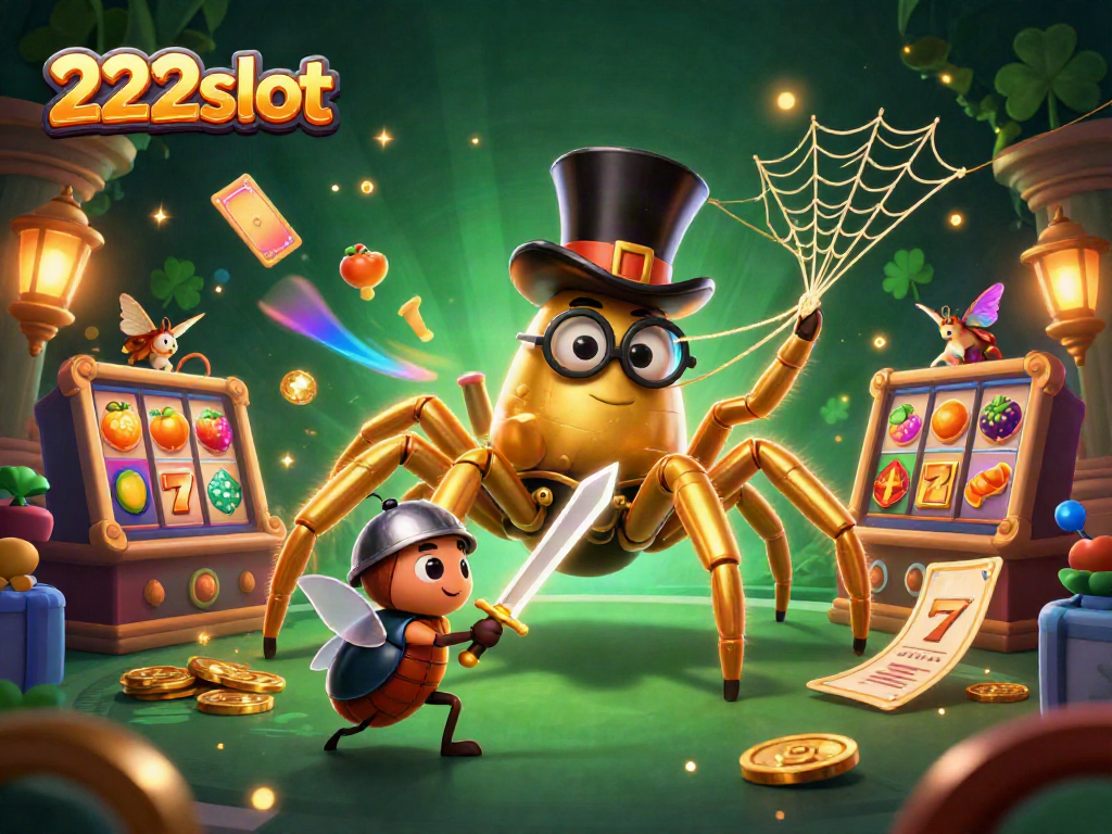 Permainan 222slot dengan tarantula emas beraksi di kasino, membentuk jaring emas.