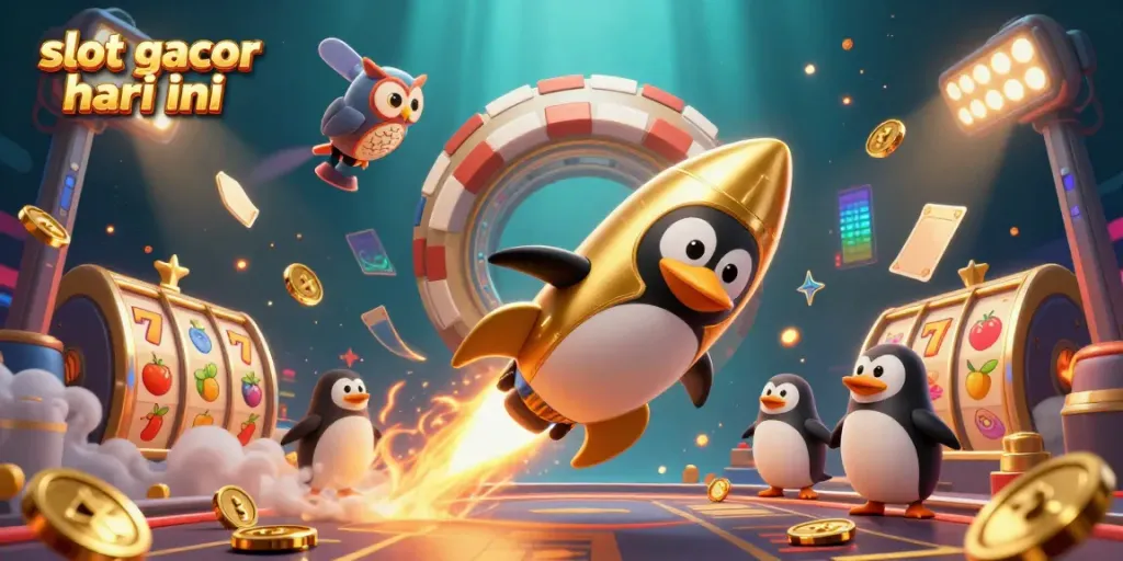 Experience slot gacor hari ini with a golden penguin in a vibrant casino space