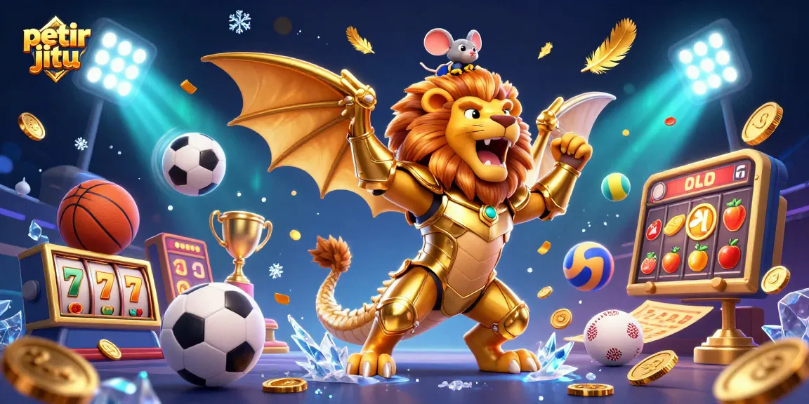 Gambarkan petir jitu dengan ilustrasi dinamis tentang chimaera berlapis emas dan simbol permainan slot.