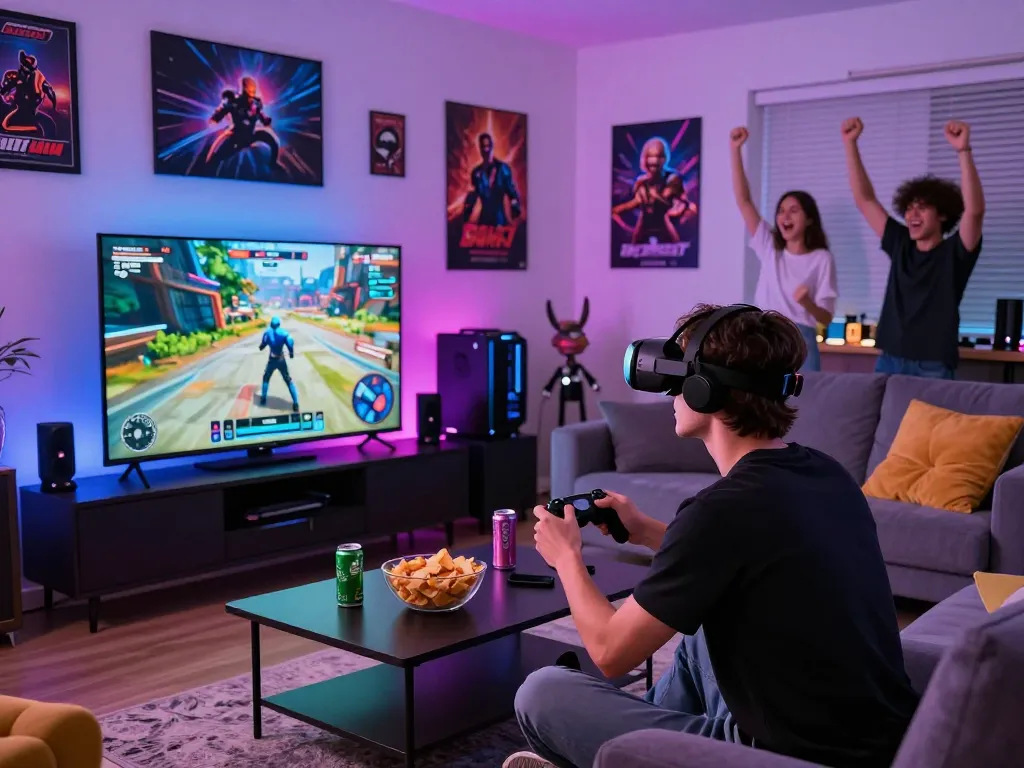 Player engaged in gaming adventure with dewi100 in a vibrant living room full of energy.