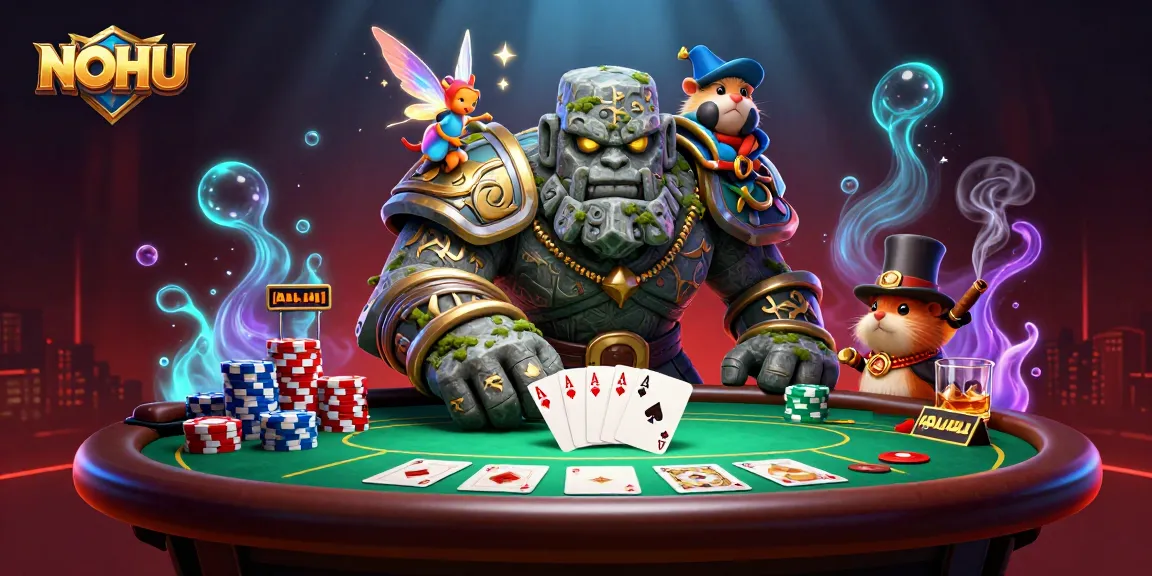 Experience thrilling games at NOHU with an enchanting 3D illustration of a golem and fairy amidst vibrant casino elements.