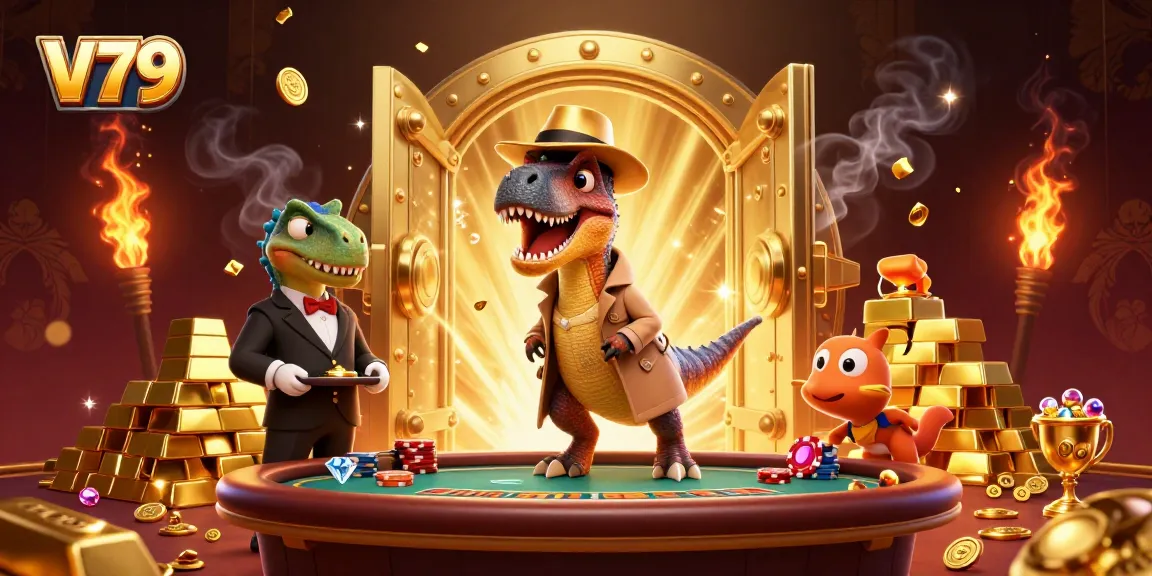V79 velociraptor card counter at a blackjack table surrounded by riches and a suspicious stegosaurus pit boss.