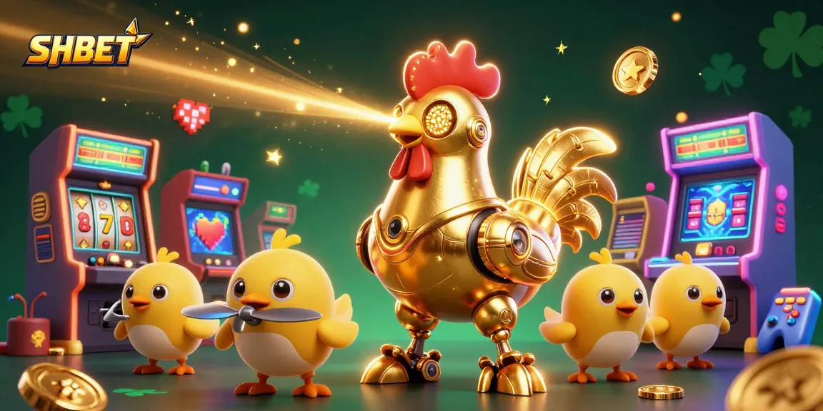 Engage with SHBET in a vibrant 3D casino world featuring a golden rooster and baby chick drones.