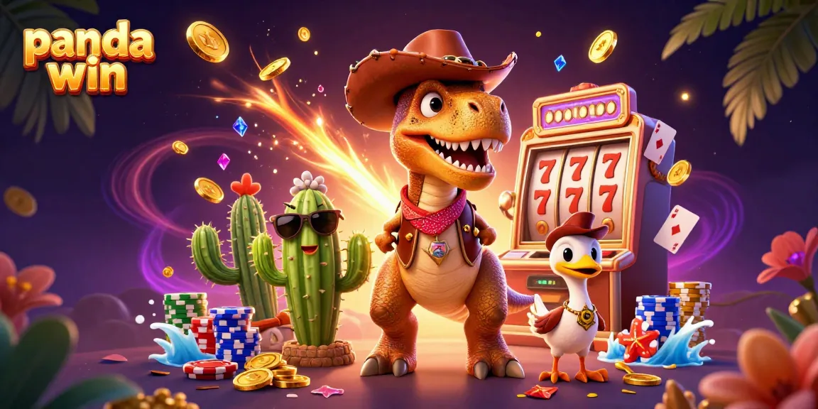 Panda win menampilkan adegan 3D penuh aksi dengan T-Rex dan mesin slot, menangkap kegembiraan perjudian online.