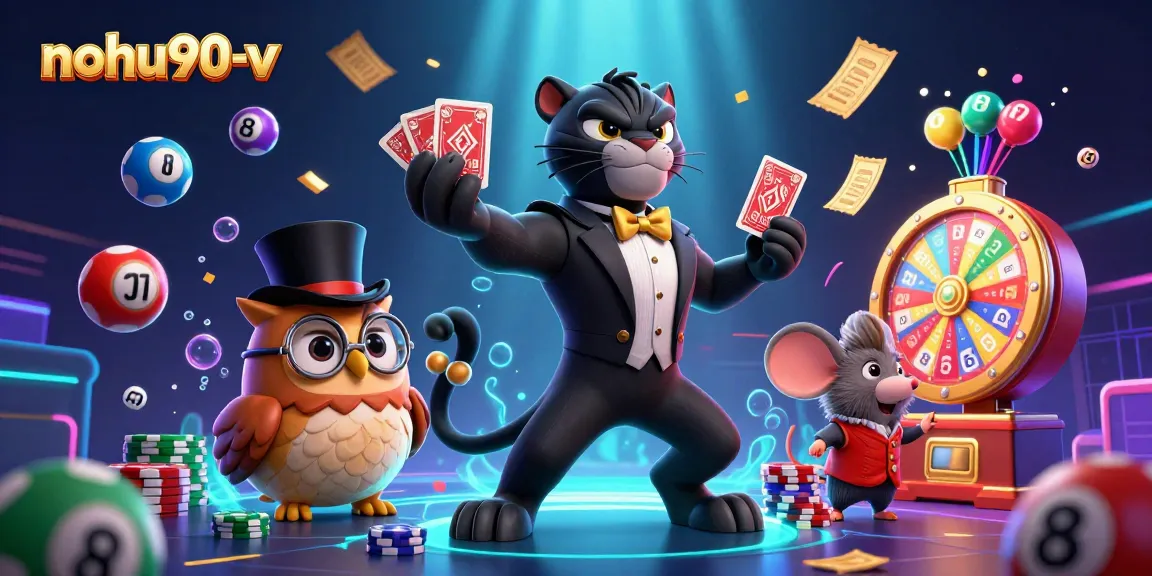 Engage with nohu90-v as stylish characters play cards amidst colorful casino-themed elements.