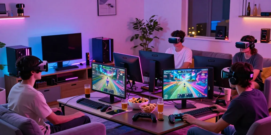 Friends enjoying online gaming at home featuring akunjp gaming consoles and vibrant atmosphere.