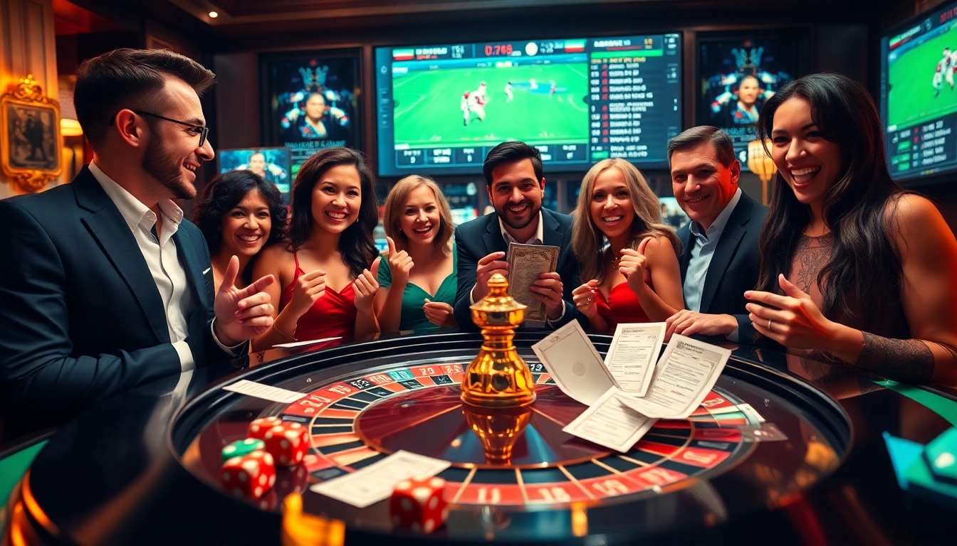 Engaging gamblers excitedly placing bets on แทงบอลโลก in a vibrant casino atmosphere.