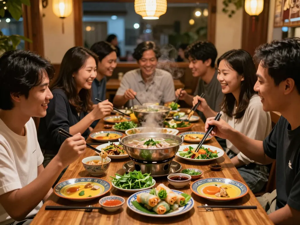 A lively dining experience sharing traditional dishes from https://www.saigoncafesterling.com/menus in a warm Vietnamese restaurant.
