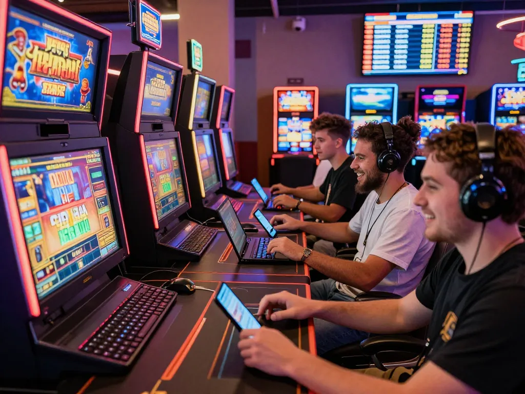 Pemain yang bersemangat terlibat dengan mesin slot online Danamax777 daftar di suasana kasino yang meriah.