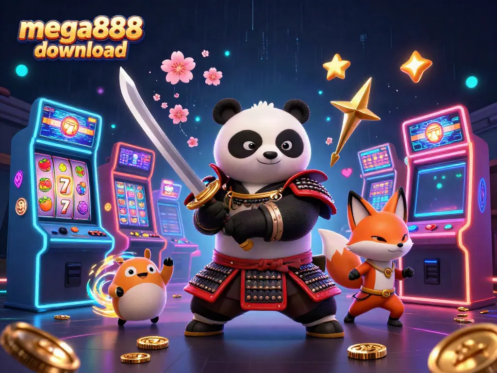 Engaging scene depicting mega888 download with a samurai panda and ninja fox in a rich casino-themed setting.