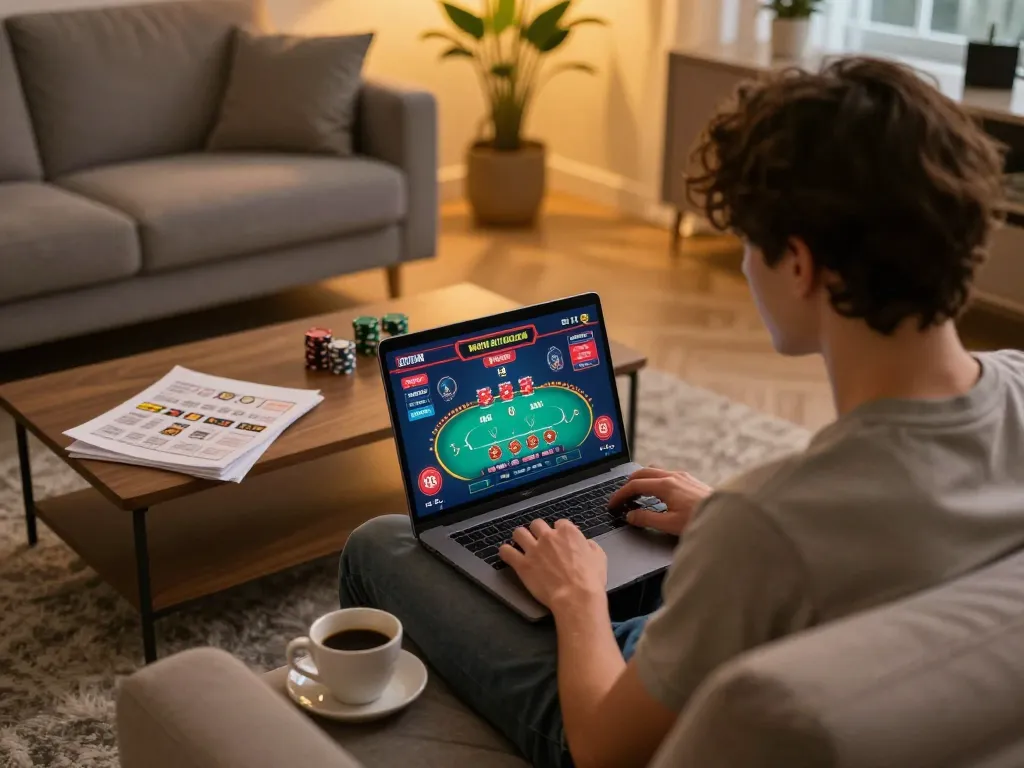Player enjoying online casino gaming on laptop at home, Tr88 trang chủ interface visible, emphasizing strategic decisions.