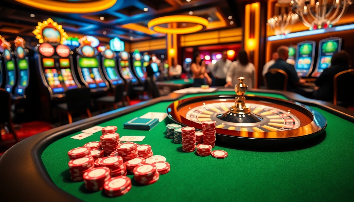 SODO casino scene featuring poker table, chips, and roulette wheel in a vibrant atmosphere.