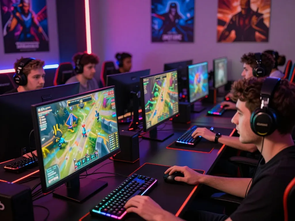 Dynamic scene of players immersed in nk 88 online gaming competition with vibrant screens and accessories.