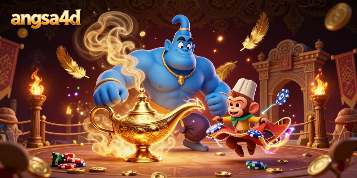 Engage with angsa4d's dynamic casino magic featuring a muscular blue genie, Aladdin's monkey, and poker chips.