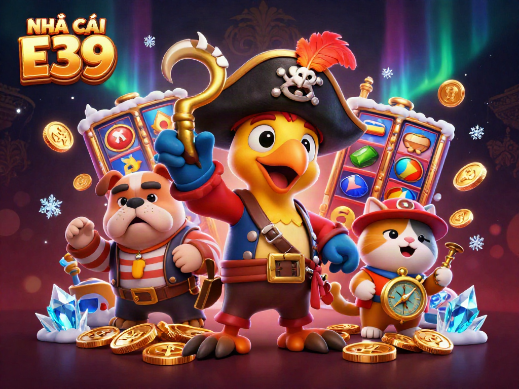 Engage with NHÀ CÁI E39 in a vibrant gaming scene filled with slot reels and coins.