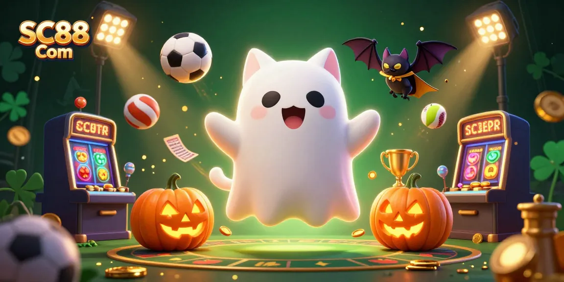 Engage with SC88 Com's thrilling gaming experience featuring a ghost cat and vampire bat in a haunted casino.