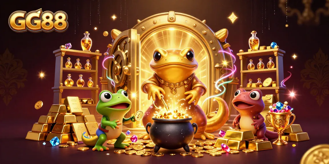 GG88 transforms base metals into gold in a vibrant casino-themed 3D illustration packed with treasures.