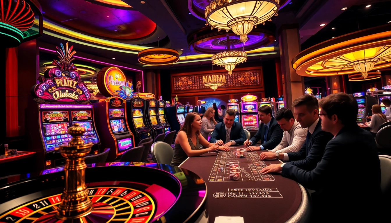 Excited gamblers at a vibrant casino engaged in a high-stakes poker game with MB66 branding.