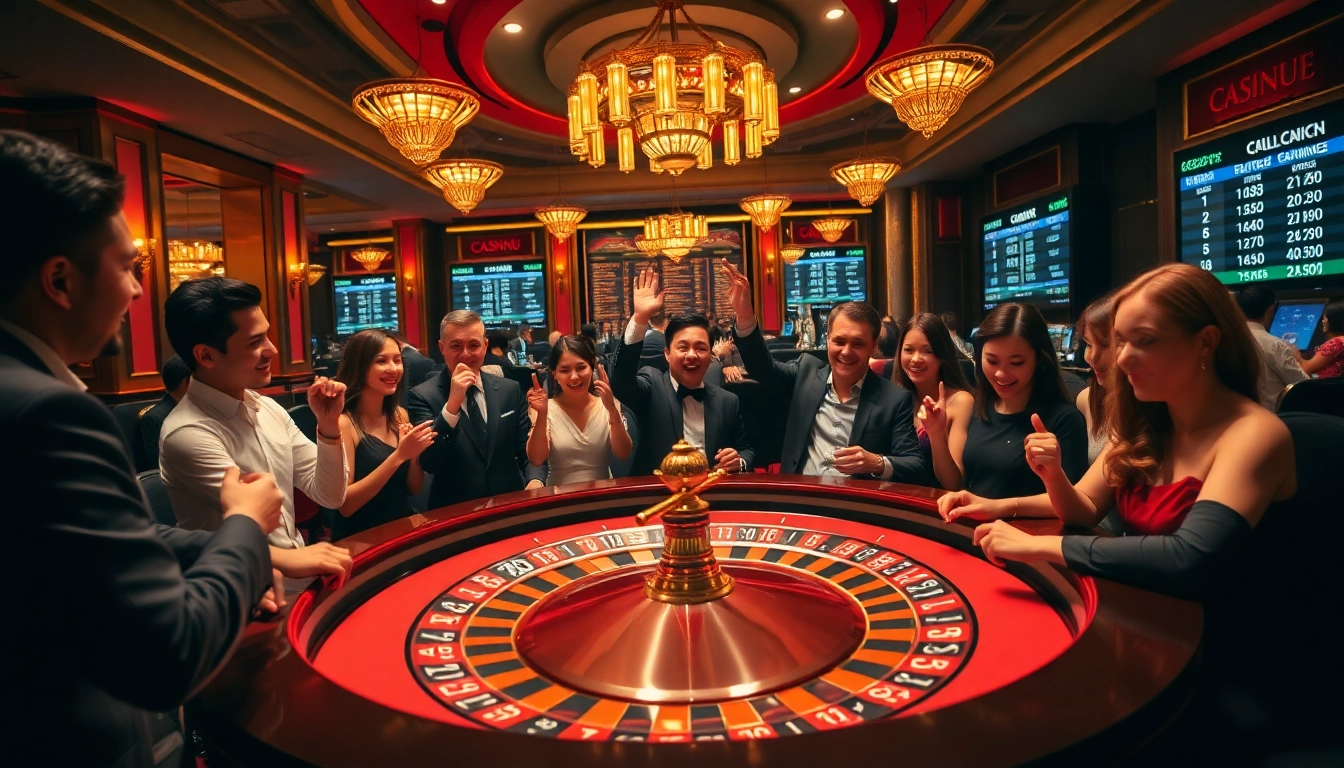 Para pemain merayakan kemenangan Datuk yang signifikan di meja roulette yang penuh warna di kasino mewah.