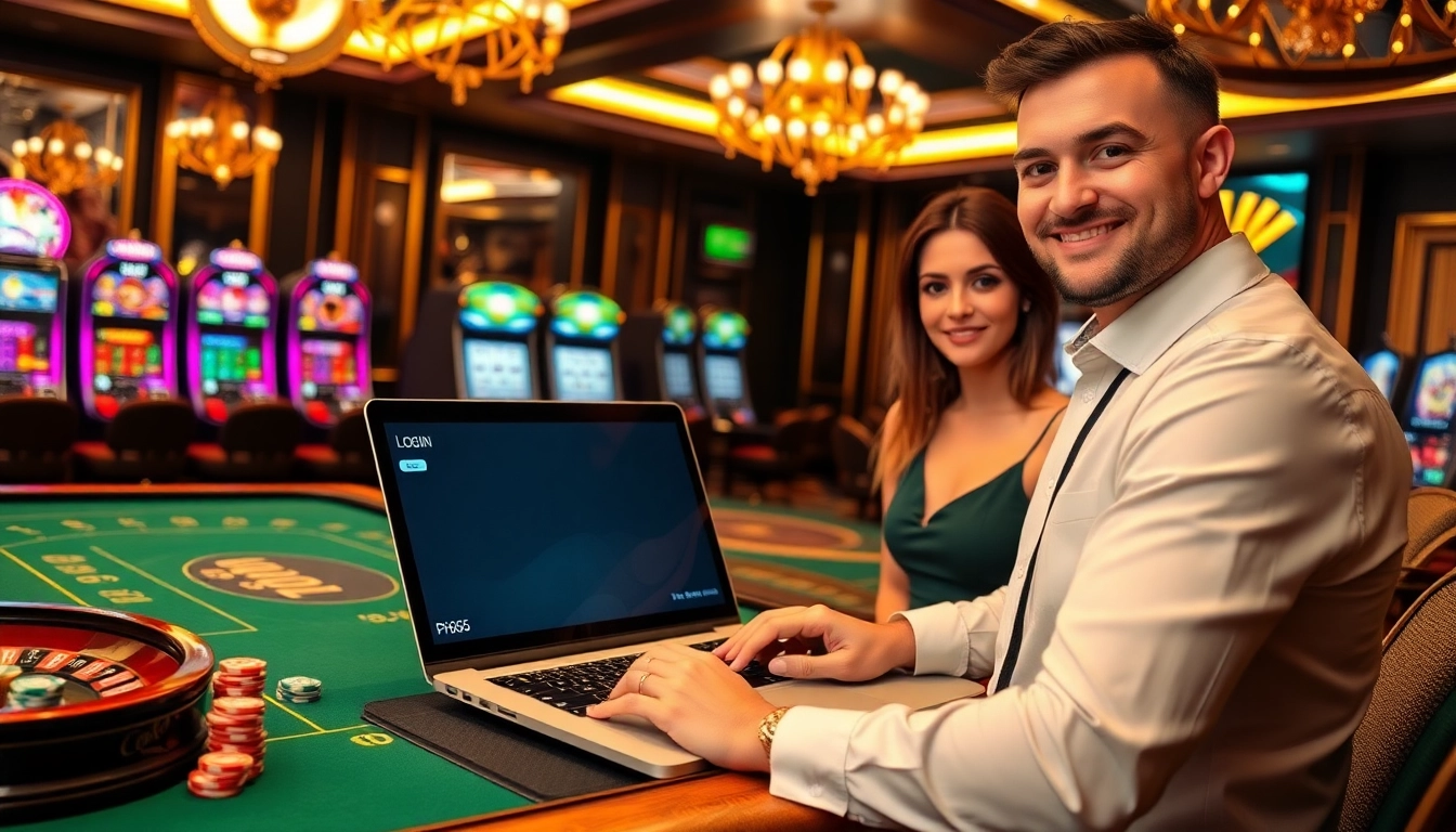 Engage with the ph365 login interface in an elegant casino setting featuring bright slot machines and stylish decor.