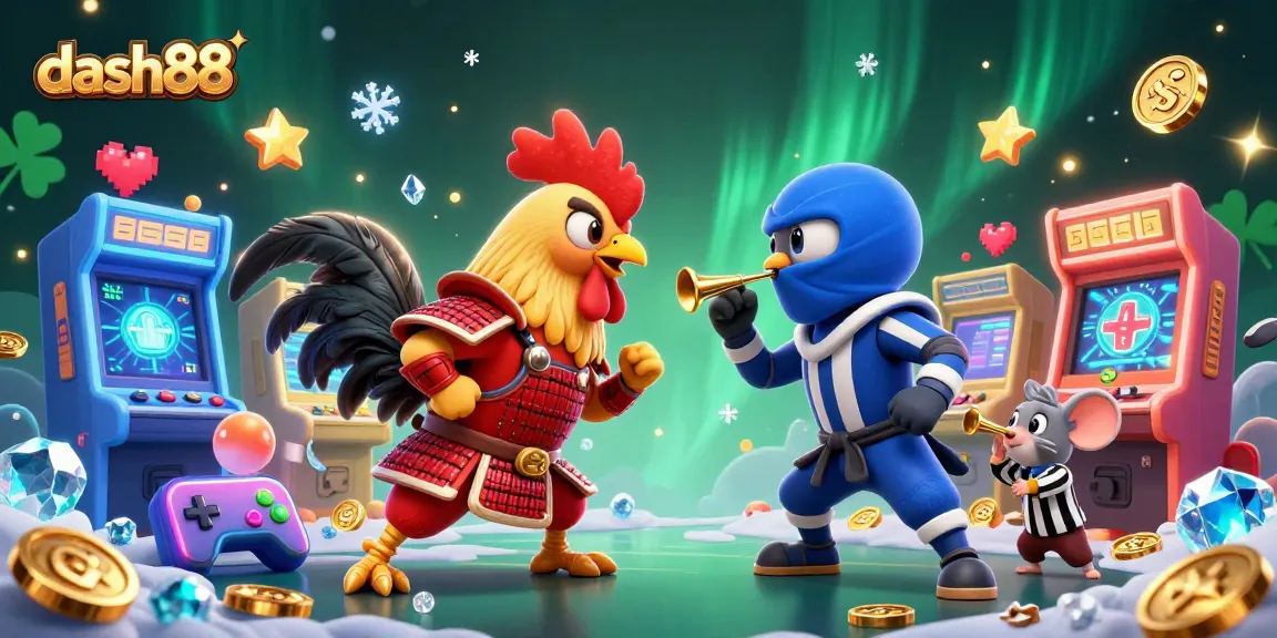 Experience dash88's thrilling engagement with a dynamic illustration of fighting roosters and vibrant gaming elements.