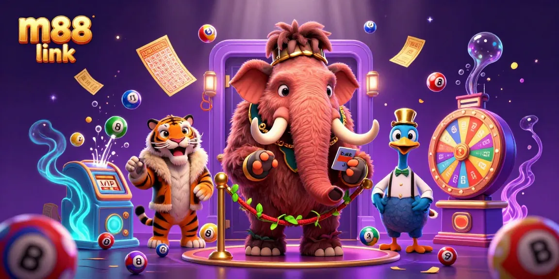 Experience the thrill of m88 link with a vibrant 3D casino scene featuring colorful lottery elements and engaging characters.