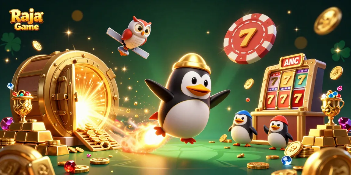 Experience thrilling gameplay on Raja Game as a golden penguin zooms toward a cosmic casino.