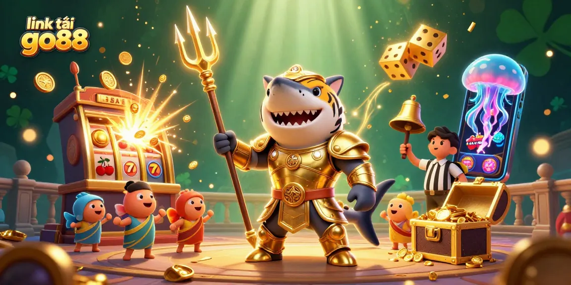 Engaging action in link tải go88 featuring a golden shark hero in an underwater casino with vibrant gaming elements.