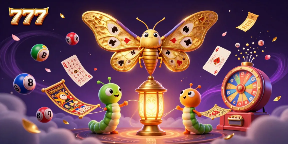 Experience luck with 777 as a vibrant casino scene unfolds featuring golden moths and lottery elements.