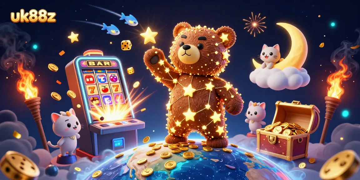 Experience the excitement of uk88z casino gaming with a dynamic slot scene and constellation characters.