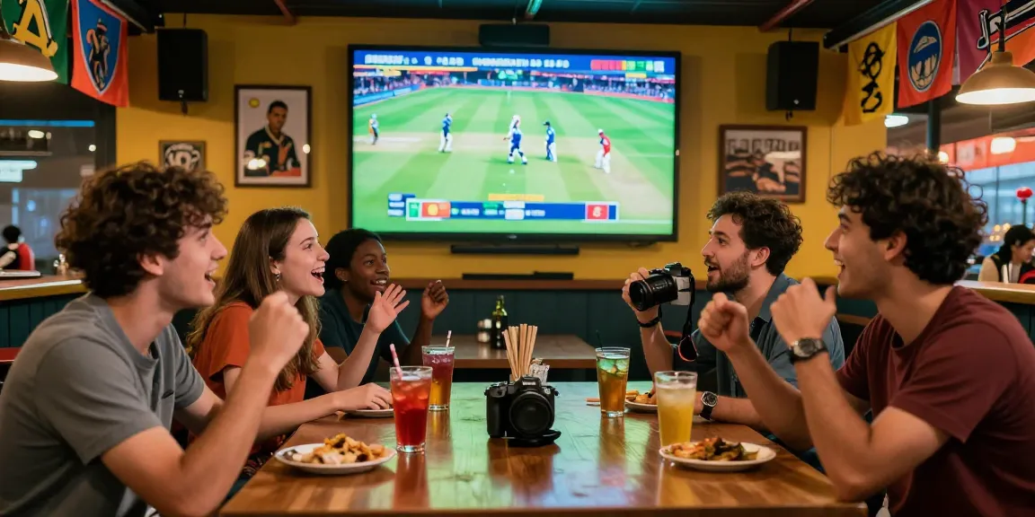 Friends enjoying live cricket betting experience at Fairplay24 sports bar, showcasing excitement and camaraderie.