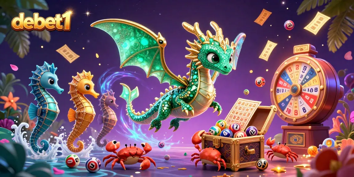 Engage with debet1's vibrant lottery scene featuring a sea dragon and dynamic colorful elements.