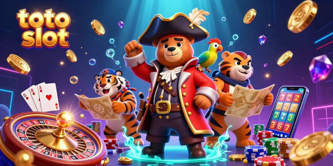 Engage with toto slot gaming featuring a 3D pirate bear and tiger amid flying coins and vibrant casino elements.