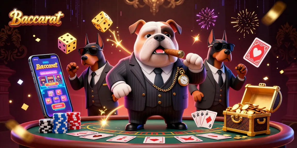 Baccarat table action featuring a mafia bulldog and two Doberman bodyguards amid vibrant casino elements.