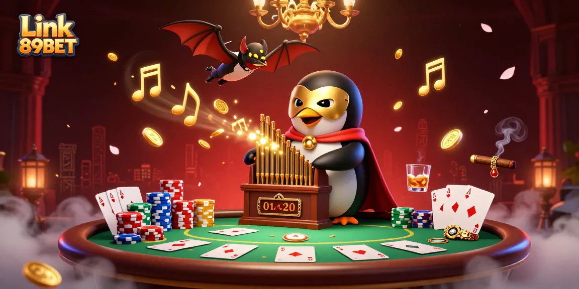 Experience the thrill with Link 89BET as the phantom penguin orchestrates a lively casino scene.