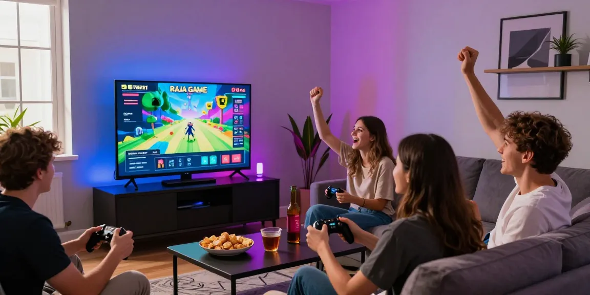 Engaged gamers using Raja Game login on a TV in a vibrant living room.