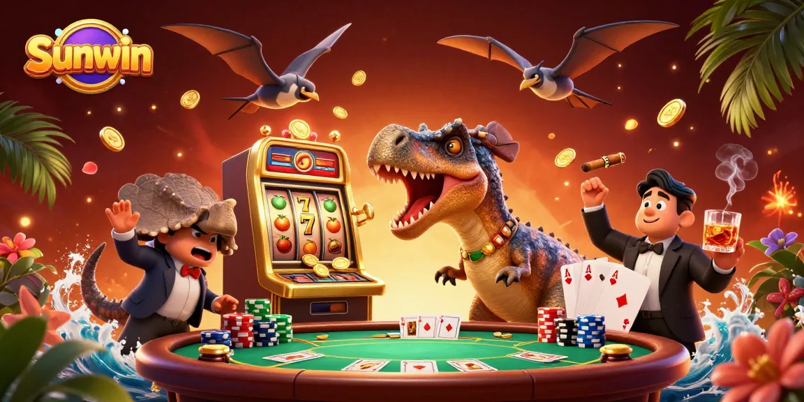 Sunwin enhances your gaming with 3D dinosaurs and gold coins cascading from slots.
