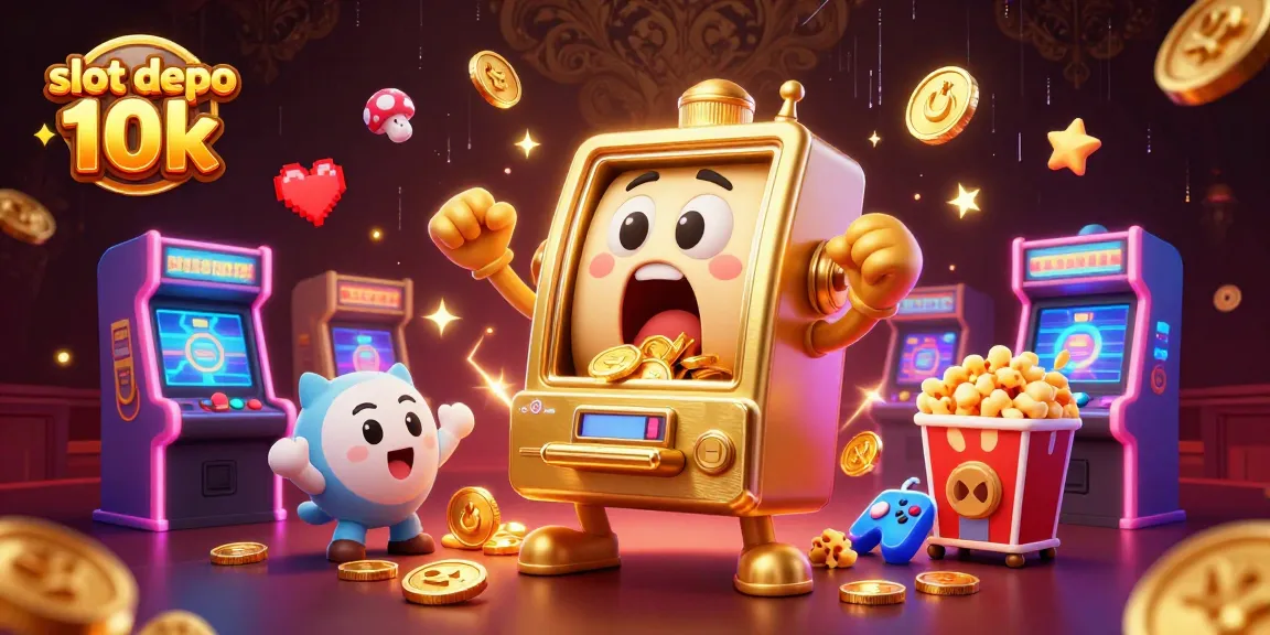Spin the slot depo 10k machine with golden coins pouring, showing excitement and energy in a lively casino scene.