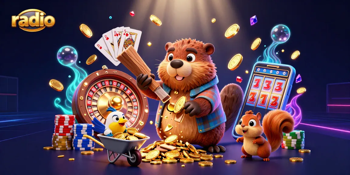 Experience thrilling radio casino gaming with a dynamic scene of characters collecting golden coins and engaging with immersive slot machines.