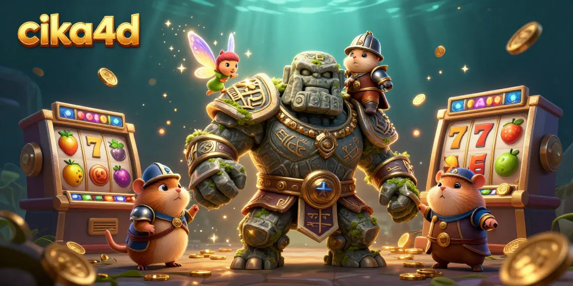 Play slots with cika4d, joining the fun with a magical golem and fairy in a vibrant casino.
