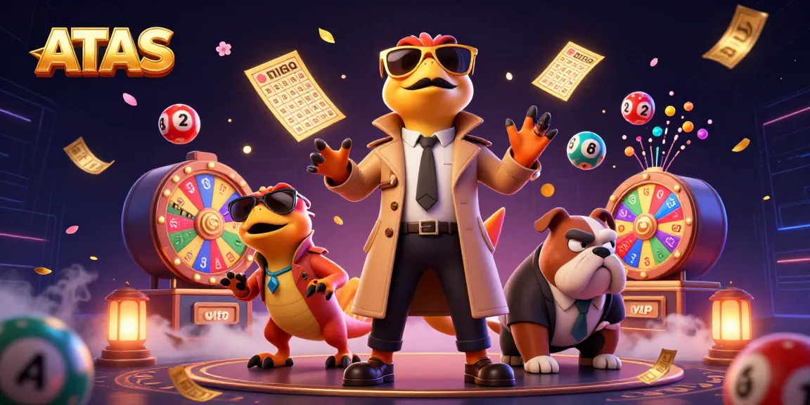 ATAS casino raptors in trench coat attempting entrance, surrounded by colorful lottery elements.