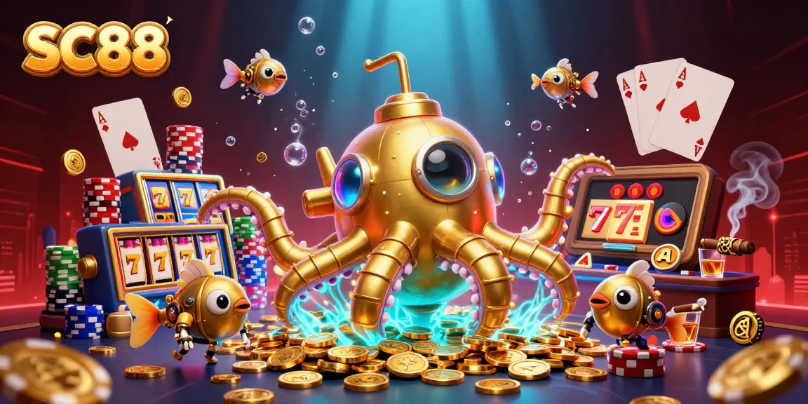 Experience thrilling SC88 slot games with a golden kraken emerging from coins, surrounded by vibrant casino elements.