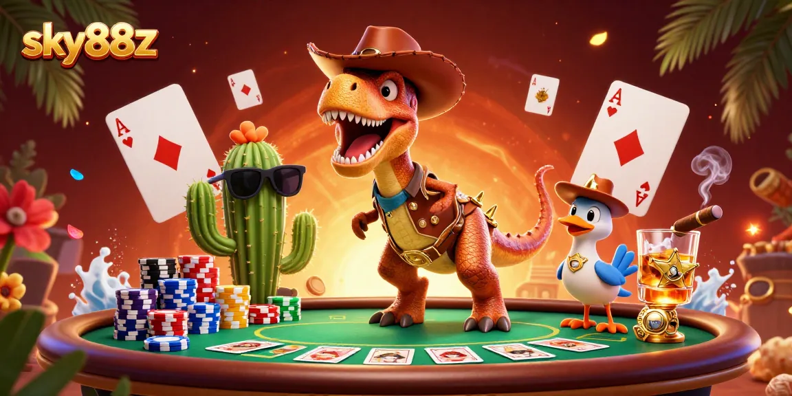 Experience thrilling poker dynamics with sky88z featuring cowboy dinosaur and colorful chips.
